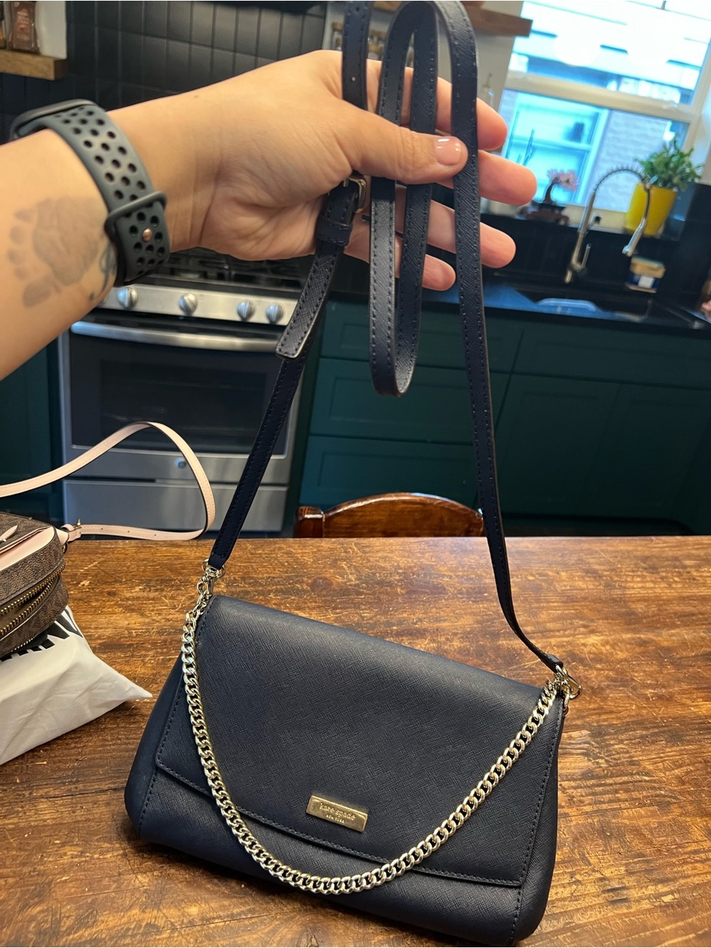 kate spade Navy Leather Crossbody with Gold Chain